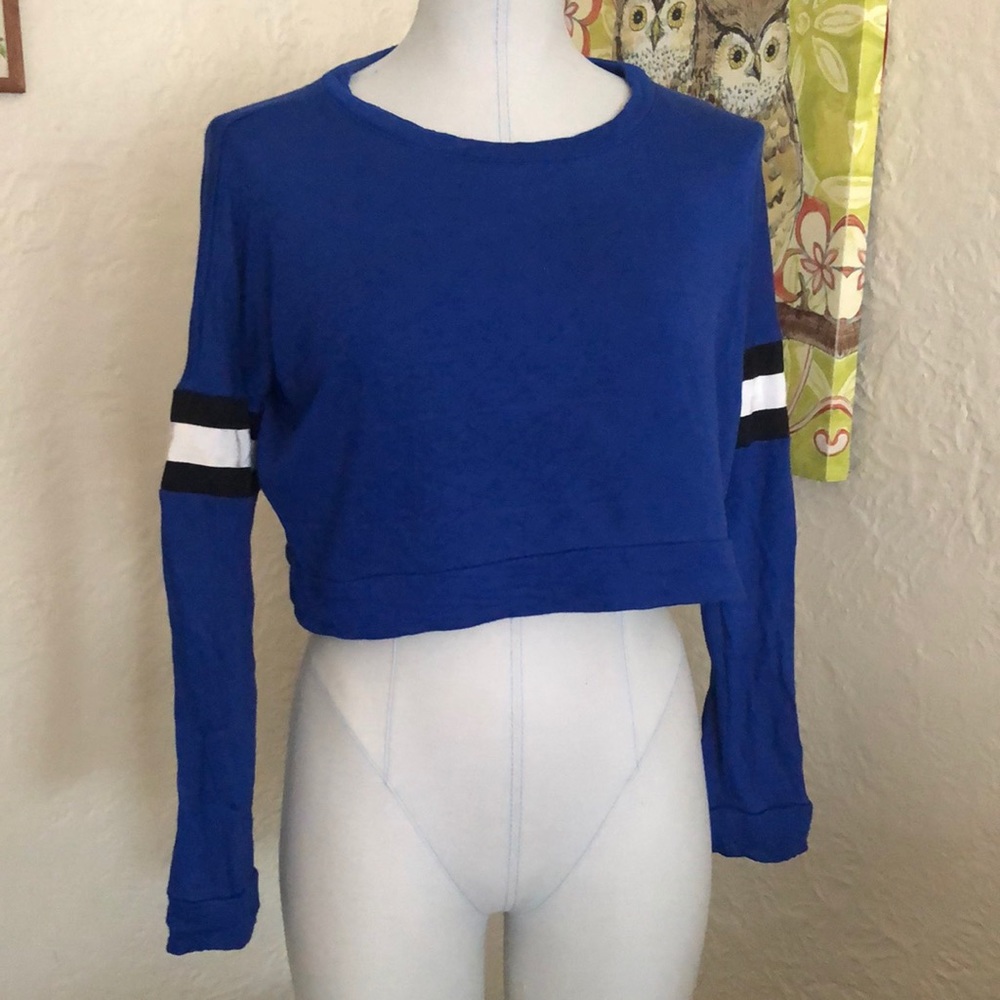 Forever 21 Blue Black White Striped Sleeves Crop Top Long Sleeve Shirt